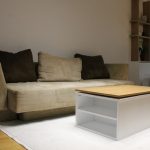 Едноставна дневна соба со ниска софа и функционална клуб маса / Simple living room with a low sofa and functional coffee table.